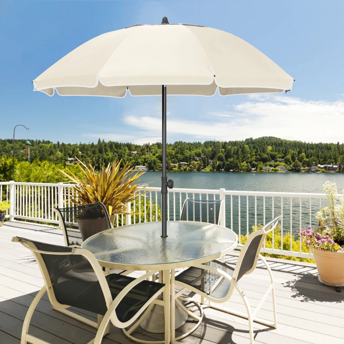 Ronde Parasol - Voor Balkon, Strand of Tuin - Verstelbaar & 45° Kantelbaar - UV-Resistent & Waterdicht - Beige Diameter 155cm