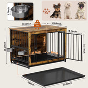 Houten Hondenbenche Tavien - Hondenren - Hondenkrat Bijzettafel met Afneembare Kommen en Dienblad - Dubbele Deuren Hondenkennel voor Middelgrote Honden Binnen - 99 x 63 x 72 cm - Bruin