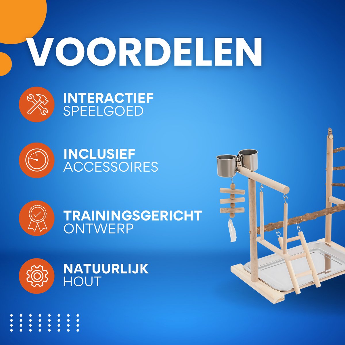 Papegaaienstandaard - Speelstandaard met Schommel - Vogelspeeltuin - Papegaaien - Voor Interactief Spel & Training - met Ladder, Plank & Staande Stok - Inclusief 2 Voedingsbekers