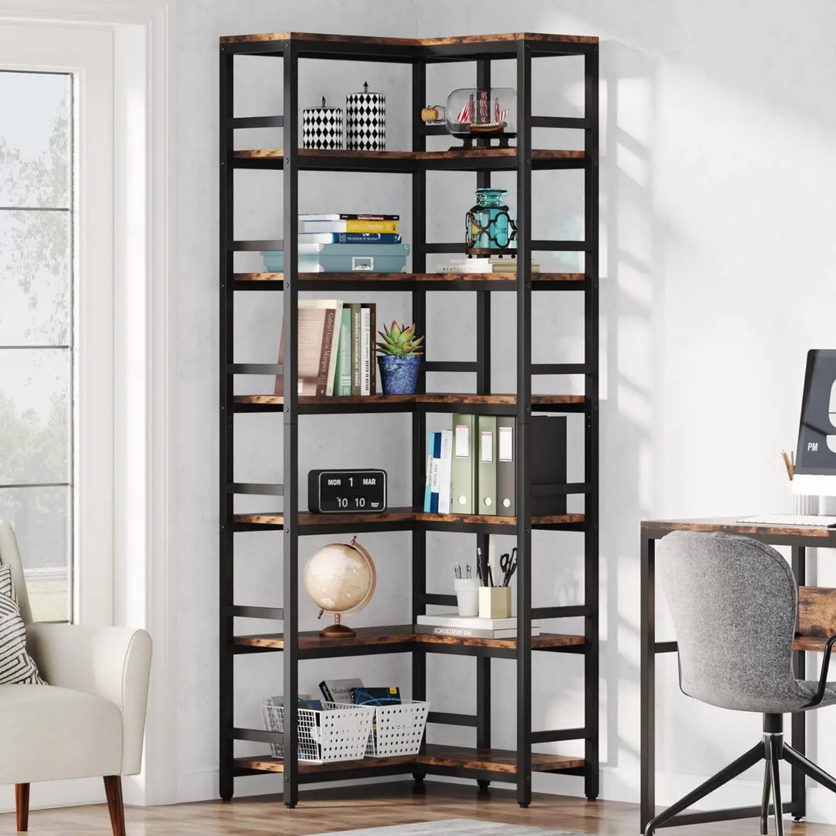Hoekkast Dublin - Hoge vakkenkast 200cm - Boekenrek Hoekmeubel - Opbergrek 7 planken - Bruin
