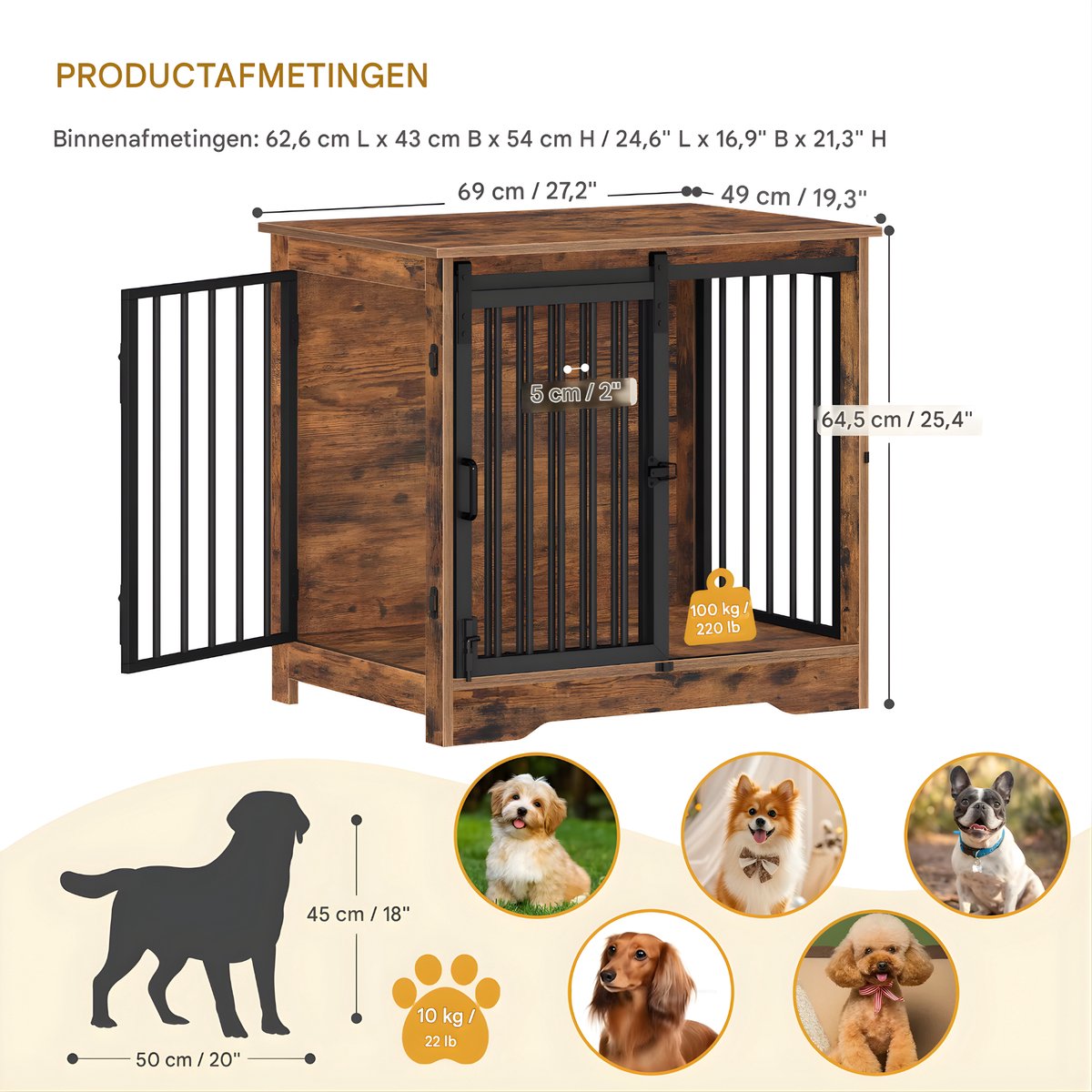 Hondenbench - Hondenkrat - Hondenkennel - Hondenhok - 69 cm - Voor Thuisgebruik - VIntage bruin