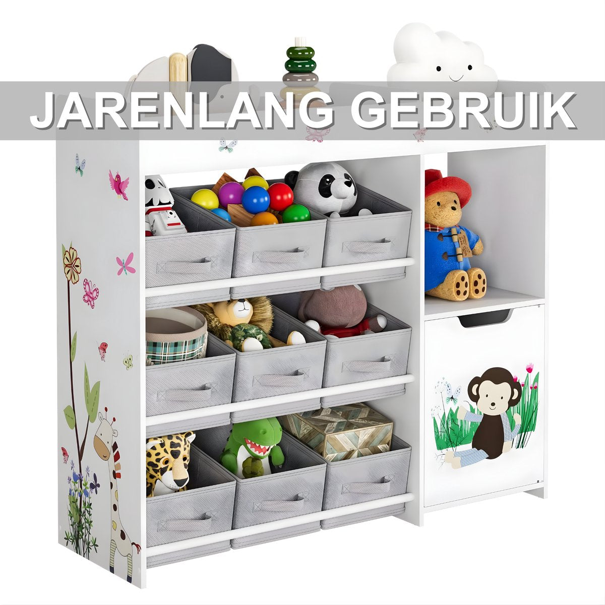 Speelgoedopbergkast – Kinderspeelkamer - Kinderboekenkast – Voor kinderen in kinder- of speelkamer – 9 opbergruimtes voor speelgoed en boeken – Hout, wit