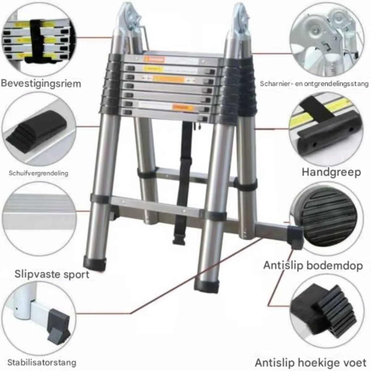 Telescopische Ladder Castellio - 380CM - Roestvrijstalen Vouwladder - Draagbare Uitschuifbare Loft Ladder - Max. Belasting 150kg/330lb - EN131