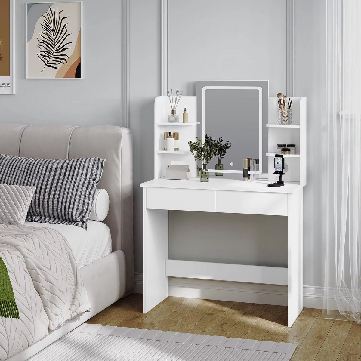 Witte Kaptafel met LED Spiegel - Verstelbare Helderheid & 2 USB Poorten - Moderne Make-up Tafel voor Slaapkamer