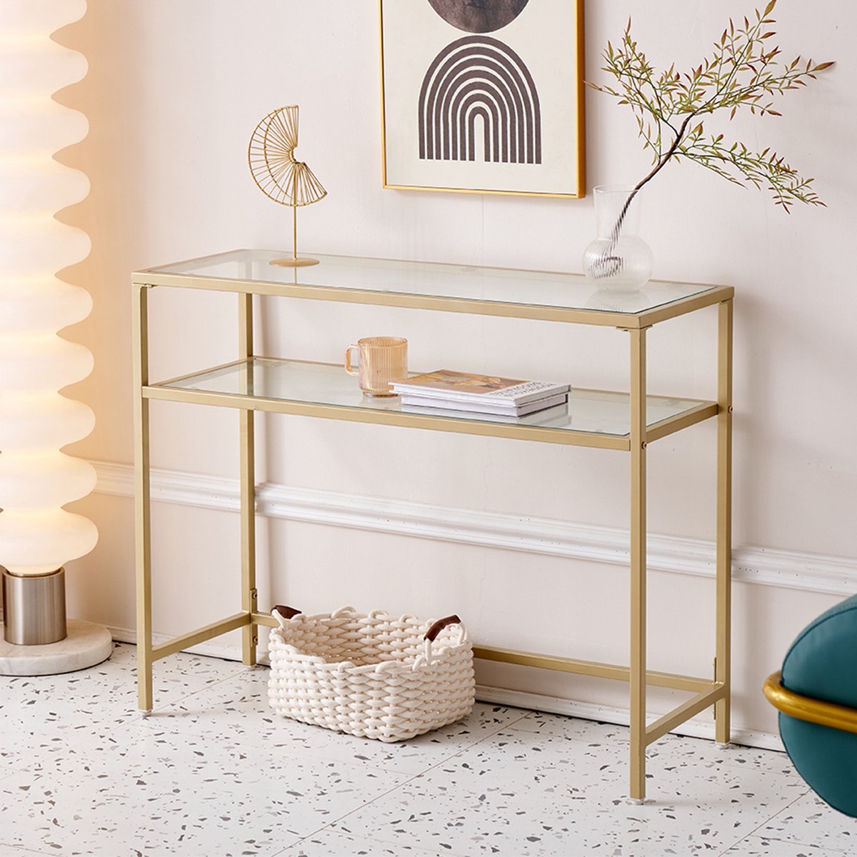 Happyment Console tafel Deluxe - Transparant - Wandtafel - Bijzettafel - Haltafel - Sidetable - Goud - 2 lagen - 100cm