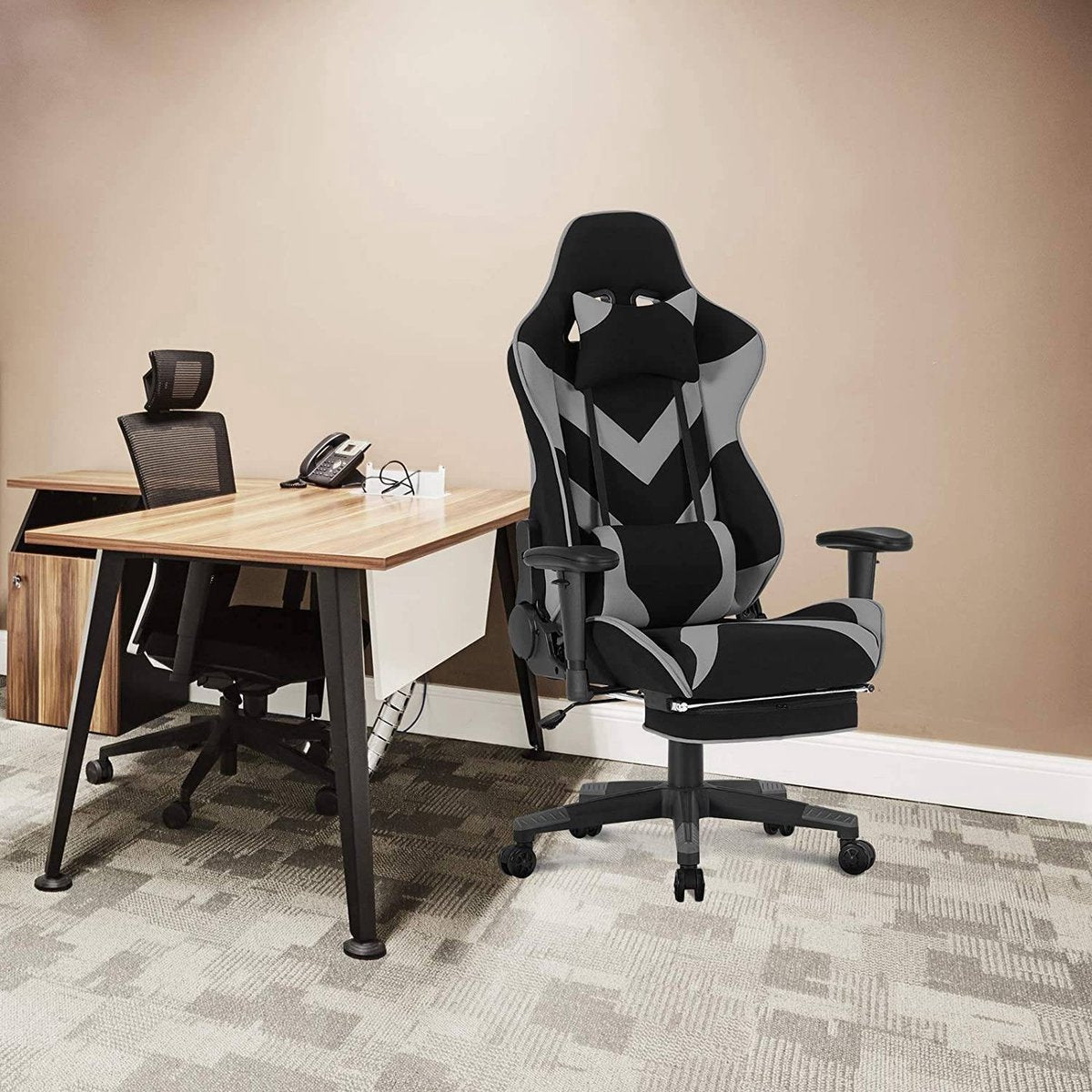 Luxe Gamingstoel - Grijs - Ergonomische Gamestoel met Voetsteun - Verstelbare Bureaustoel - Stof