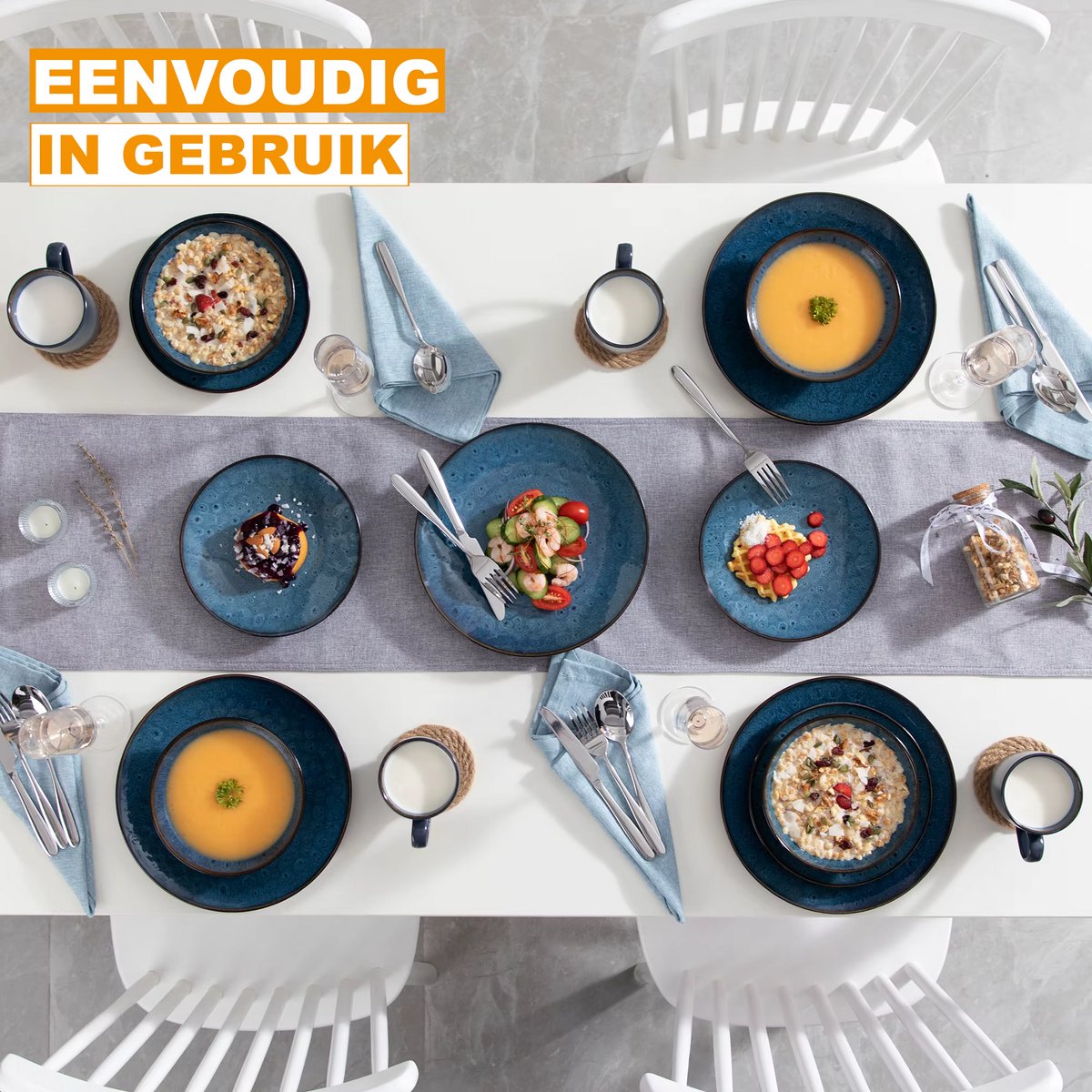 Ornate Ontbijtborden – 48 delig- 12 persoons – Blauw Keramisch – Dinerborden – Ontbijtborden