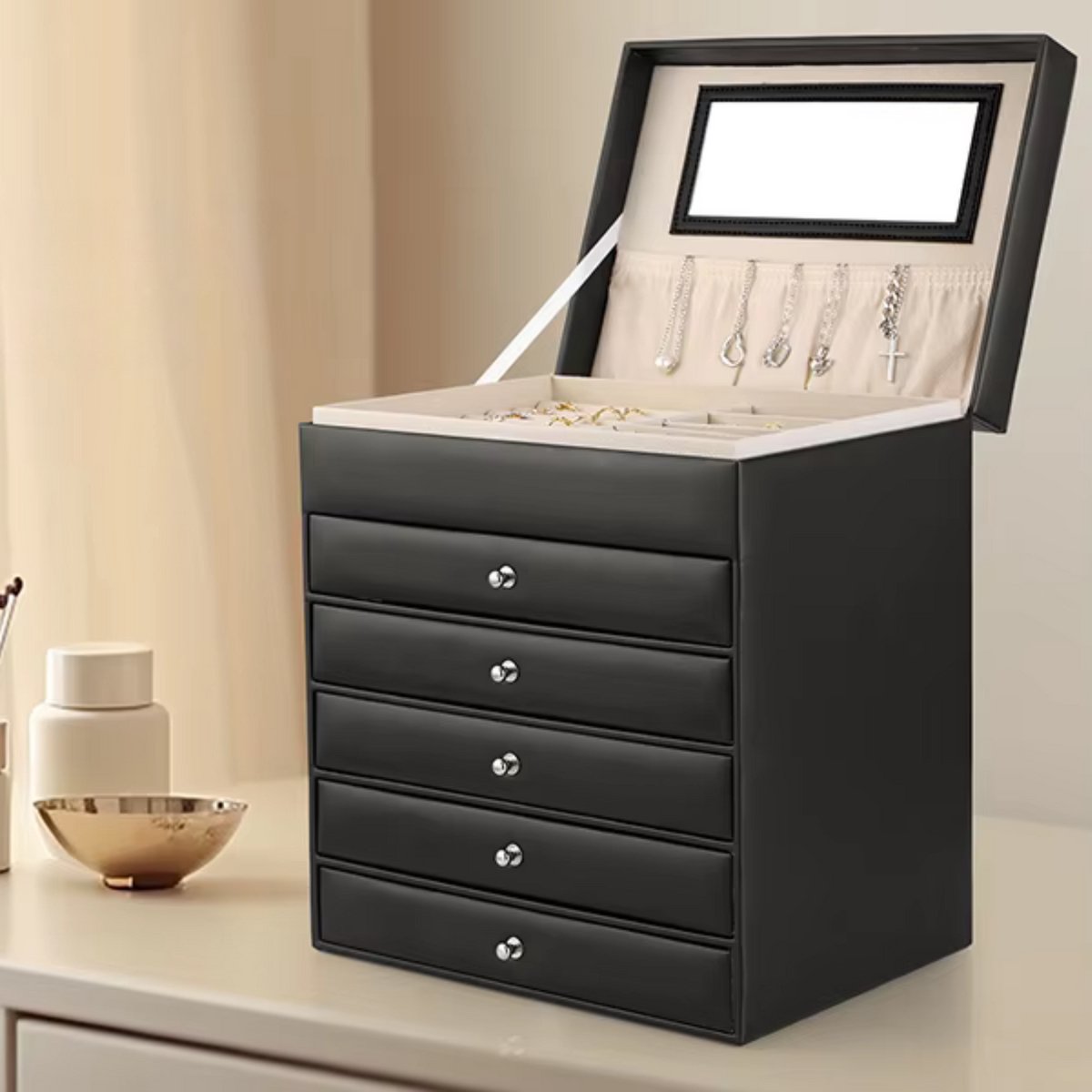 Sieradendoos - Juwelendoos - Sieradenhouder - Organizer - Juwelenkistje - Dames bijouteriedoos - Sieradenopslag met Lades voor Kettingen, Horloges, Ringen, Oorbellen en Armbanden - Zwart