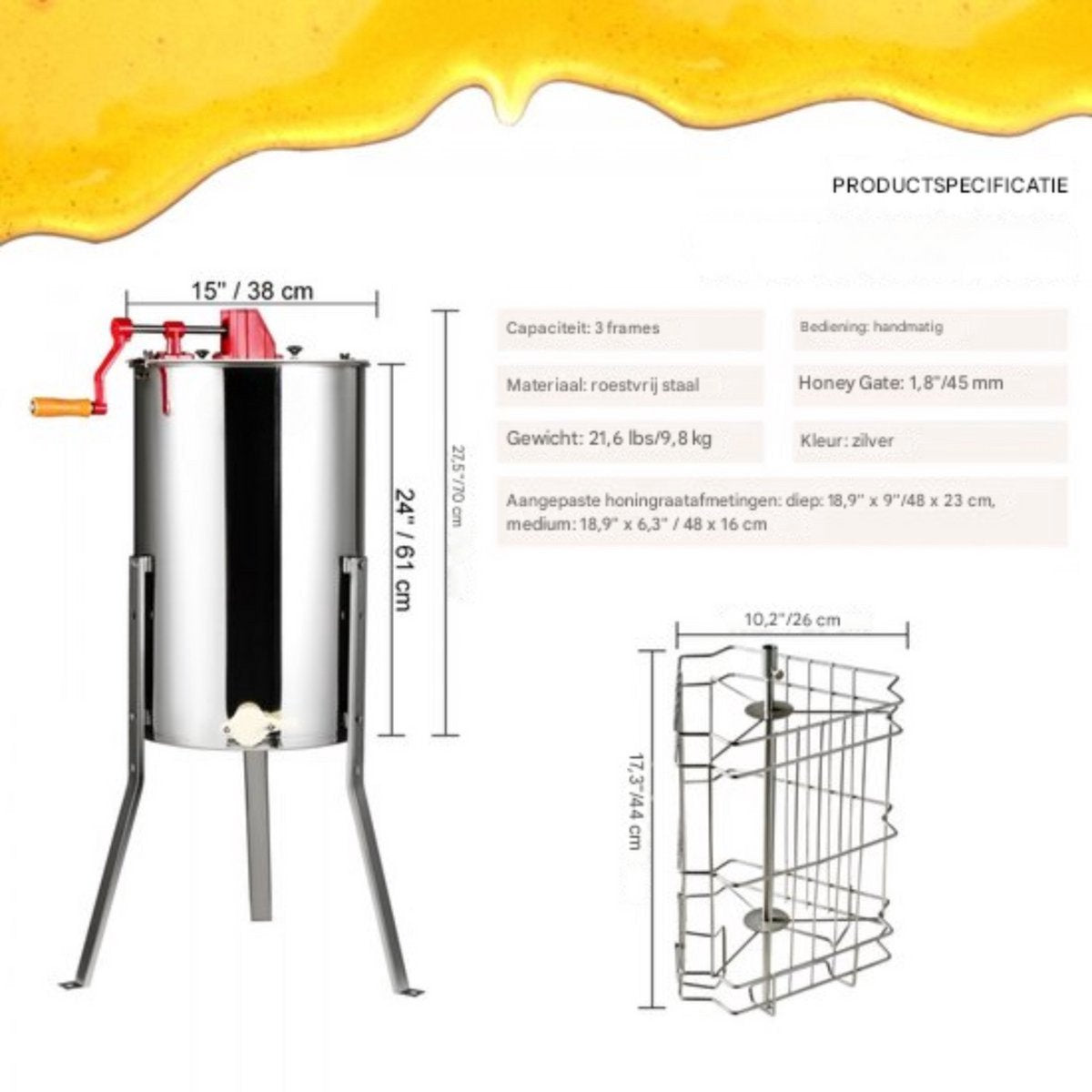 Handmatige Honing Extractor - Honing centrifuge- Tangentiële Extractor - RVS - Honingklep - Transparant Deksel