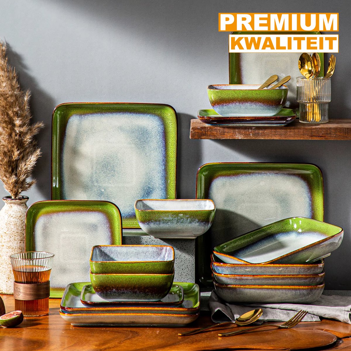 Ornate Bordenset – 4 persoons – 16 delig – Keramisch groen – Dinerborden – Breakfast Plates