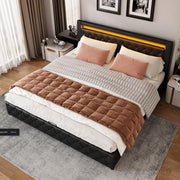 Bed - Tweepersoonsbedden - Tweepersoonsbed - Voor Slaapkamer - Functioneel Tweepersoonsbed met LED-verlichting, Lattenbodem & Opbergruimte - Zwart PU Lee - 160x200