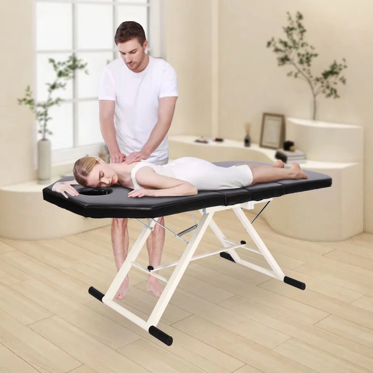 Massagetafel - Behandelbank – Voor massage en schoonheidsbehandelingen – Opvouwbaar, met kussen, draagbaar – Zwart, 200–250 kg capaciteit