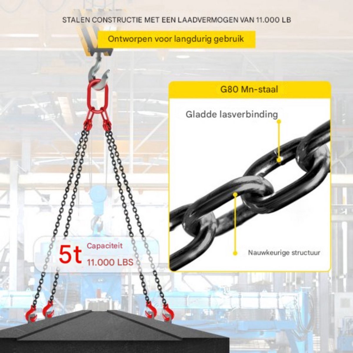 Hijskraan takel - Lier Kettingstrop - 5' Quad Poten Tackle - 5 Ton Capaciteit - Gelegeerd Staal Verstelbaar