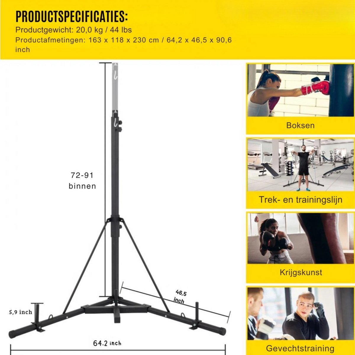 Bokszak standaard - 60KG - Zwarte Boksstandaard houder - Beugel - Verstelbaar 182 tot 230 cm Hoogte