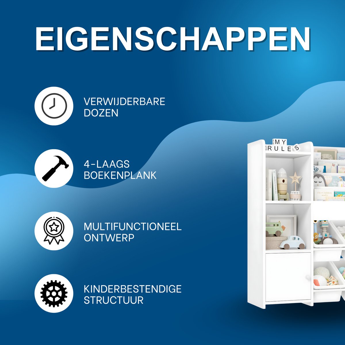 Speelgoedopbergkast – Kinderspeelkamer - Kinderboekenkast – Voor kinderen in kinderkamer of speelkamer – 6 verwijderbare dozen en 4-laags boekenplank – Wit