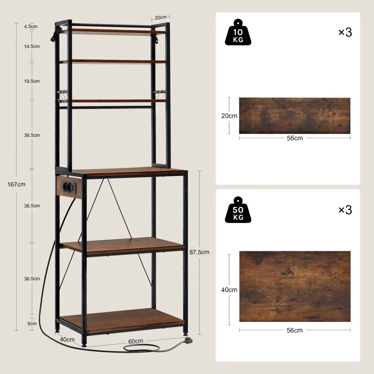 Opbergkast - Keuken orginazer - Wandkast – Voor keuken / woonkamer – Met stopcontact – Rustic brown - Maat L