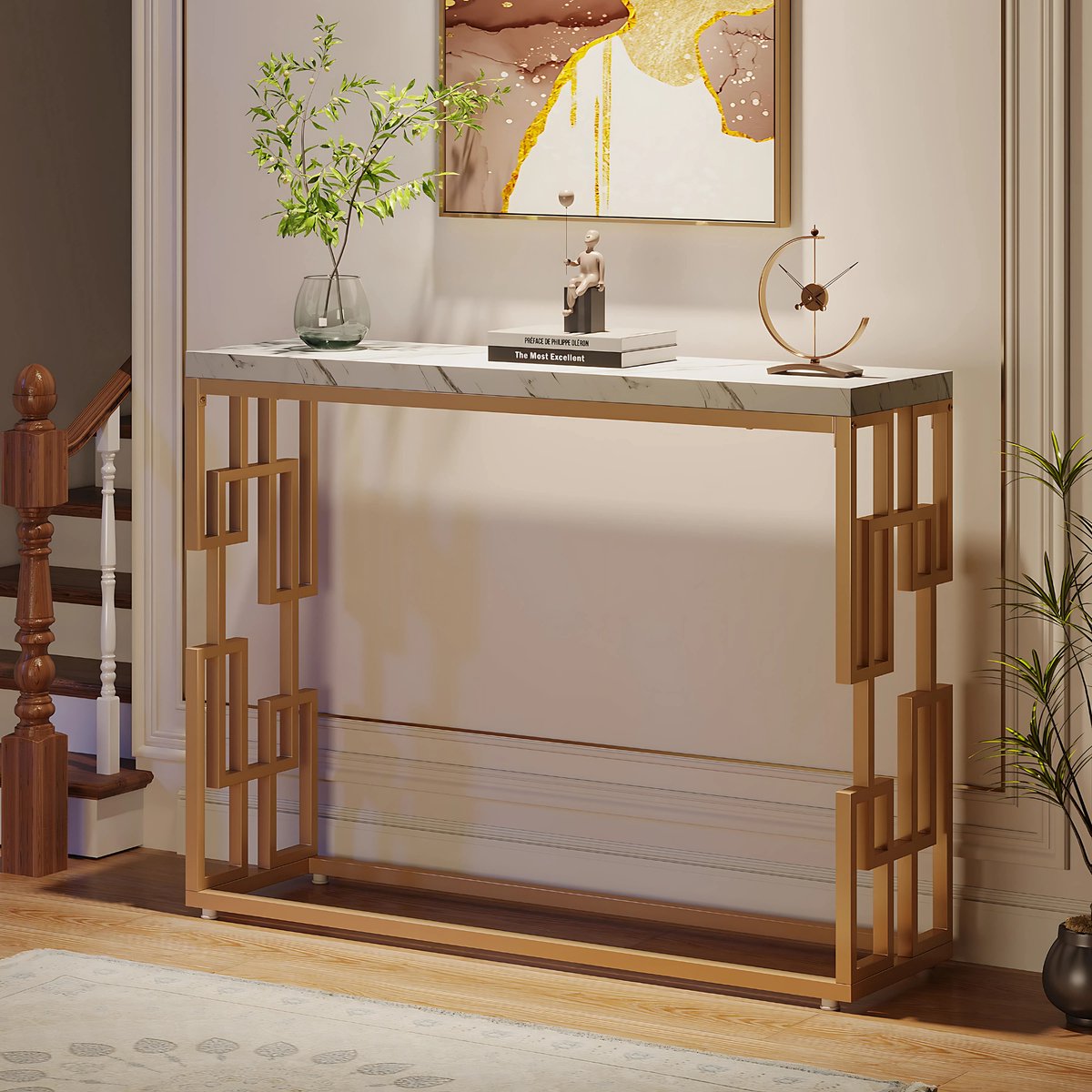 Consoletafel modern - Wandtafel - Sidetafel - Marmerlook - Haltafel - Woonkamer - Wit/goud