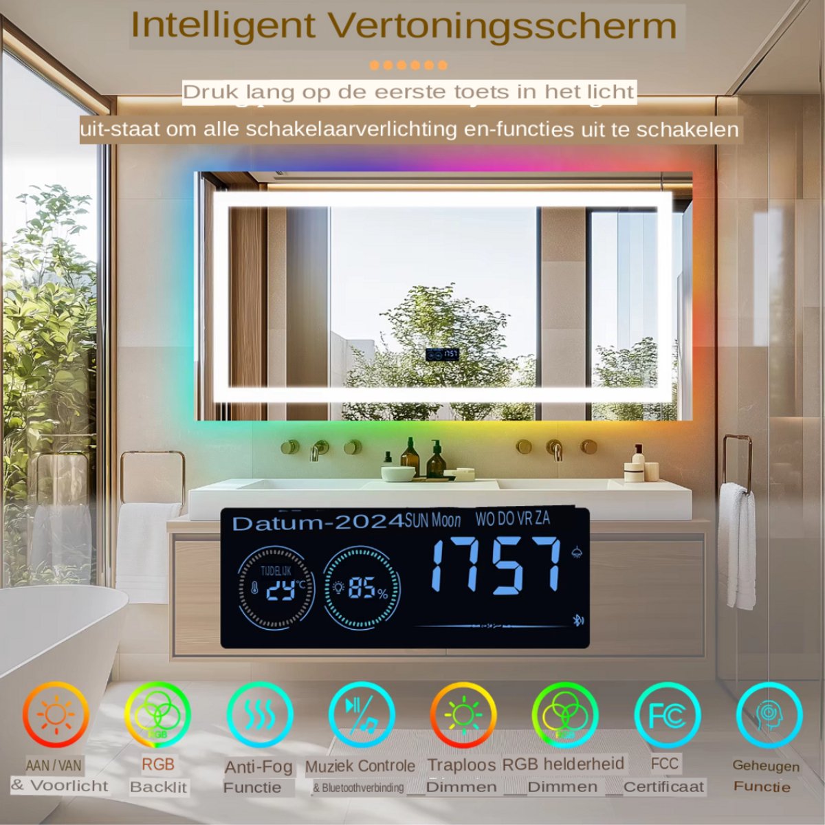 Grandiose Badkamerspiegel - Geen condens - Met verwarming en LED verlichting - Bluetooth en muziek - Spiegel voor badkamer - Rechthoekig - 140x70cm