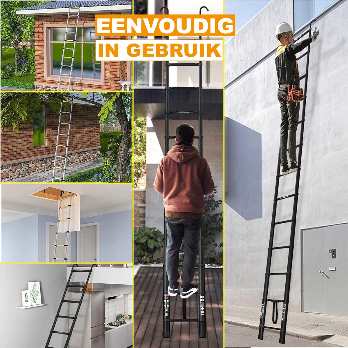 Telescopische Ladder 3,8M - Zwarte Aluminium Verlengladder - Met Haken - Opvouwbaar & Multifunctioneel - Max. 150KG
