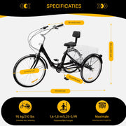 Driewieler Nevlo - 7 versnellingen - Fiets voor volwassenen en senioren - 24 Inch - Opvouwbare - Verstelbaar - Met mand - Voorrem - Zwart - 120KG