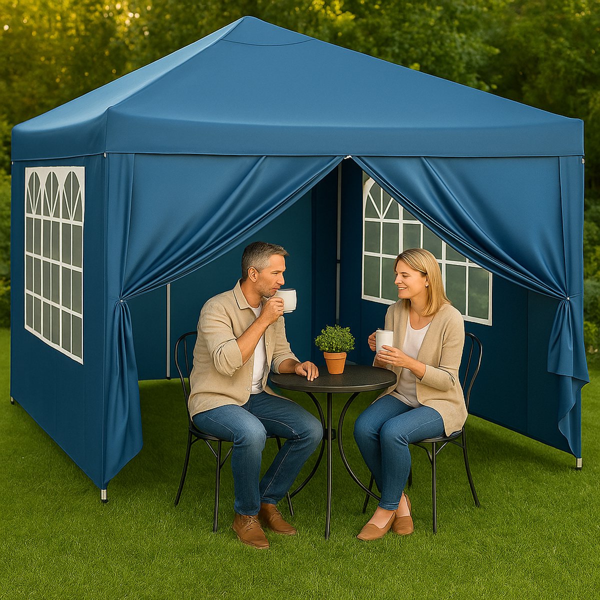 Happyment Partytent met zijwanden - Easy up - Opvouwbaar - Paviljoen - Waterdicht weerbestendig - Blauw - 3x3 m