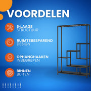 Plantenstandaard met 5 lagen - Plantenrek voor Binnen - 180cm - Plantenladder - Zwart