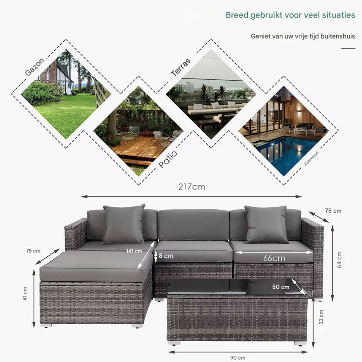 Polyrotan Lounge Tuinset voor 4 Personen - 5-delige Tuinset met Hoekbank, Salontafel en Kussens - Geschikt voor Patio & Tuin - Zwart