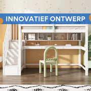 Luxe hoogslaper voor kinderen - 90x200 cm - Met bureau - Kinderbed - stapelbed - Met Hoektrap, valbeveiliging en raam - Peuterbed