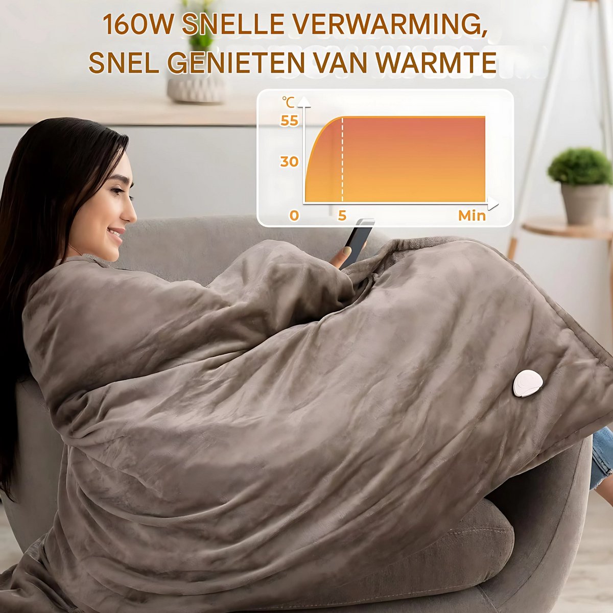 Elektrische deken 180x130 cm - Bruin - 1 persoons - Flanel - 6 standen - Wasbaar