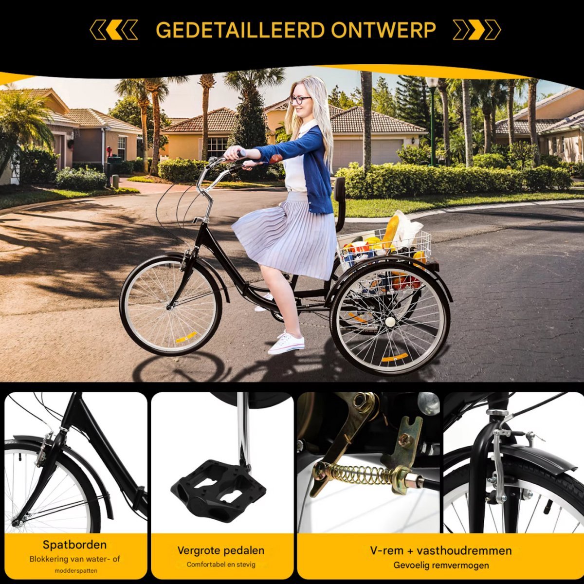 Driewieler Zyrell - Nevlo - 7 versnellingen - Fiets voor volwassenen en senioren - 24 Inch - Opvouwbare - Verstelbaar - Met mand - Voorrem - Zwart - 120KG