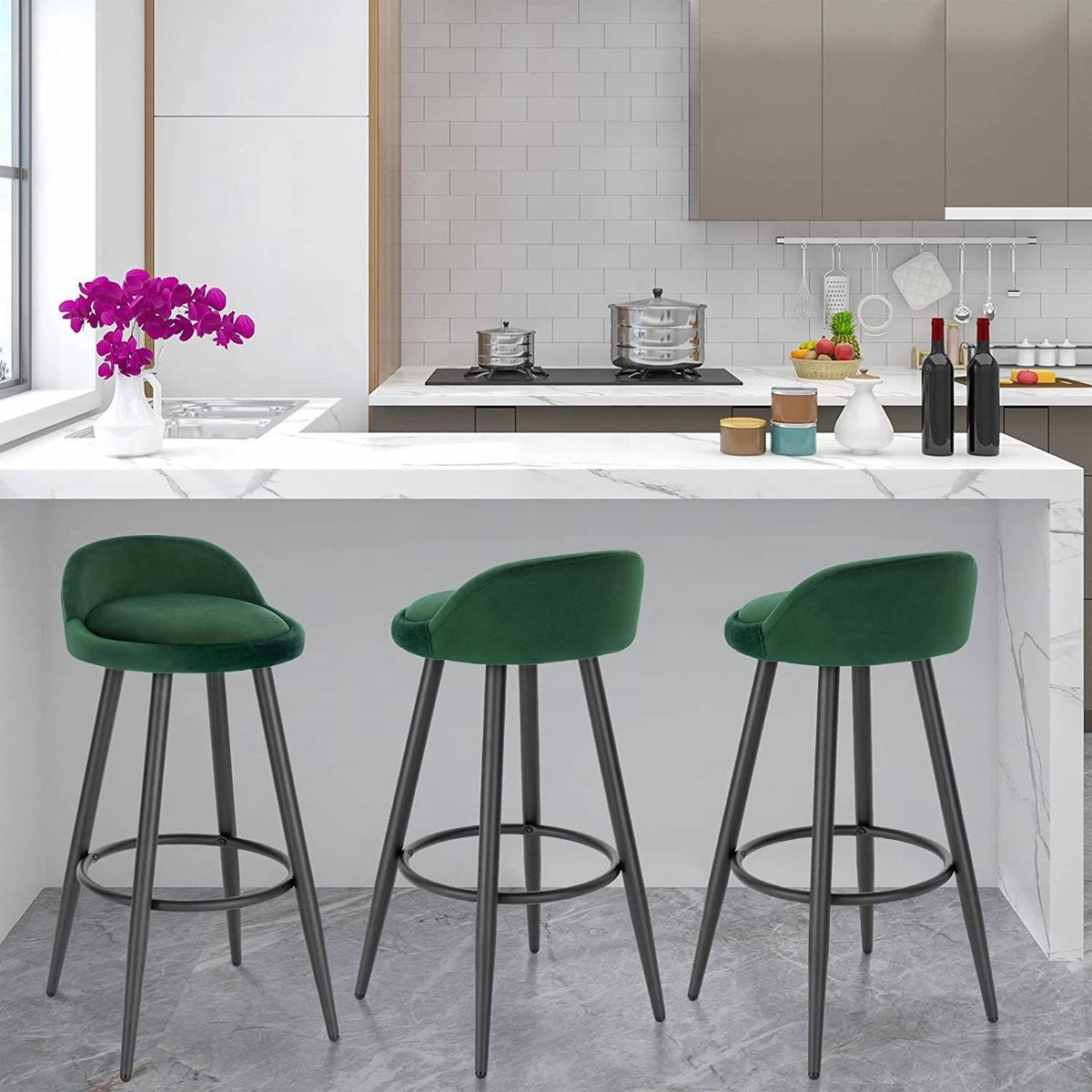 Velvet Barkrukken Glasgow - Set van 2 - Groen - Met rugleuning - Barstoelen ergonomisch - Keuken - Zithoogte 69cm