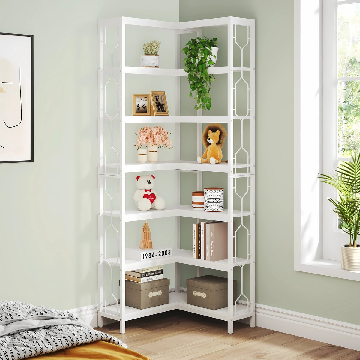 Hoek boekenkast met 7 Lagen - Hoekkast - Wit - Hoekrek - Voor Woonkamer, Slaapkamer of Kantoor