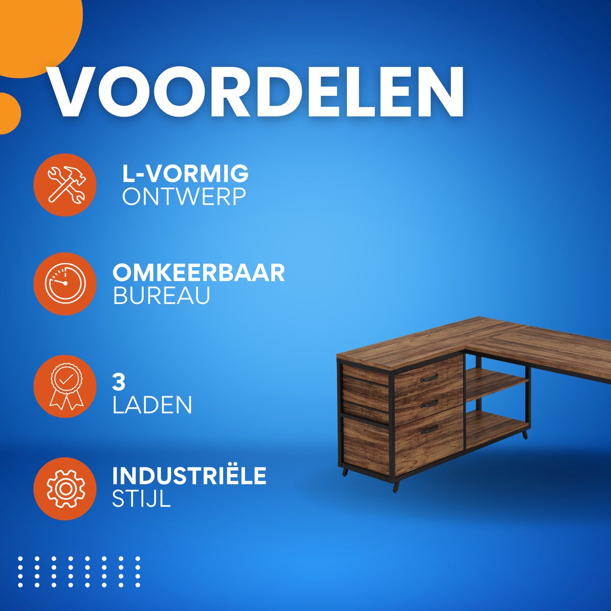 Hoekbureau London - Computerbureau - 135cm - Bruin - Voor thuis of werk - Hout en metaal