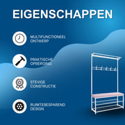 Kapstok met bank - Kledingrek - Schoenenrek - Voor kledingopslag en schoenen - Multifunctioneel - Met haken en bankje - Roze