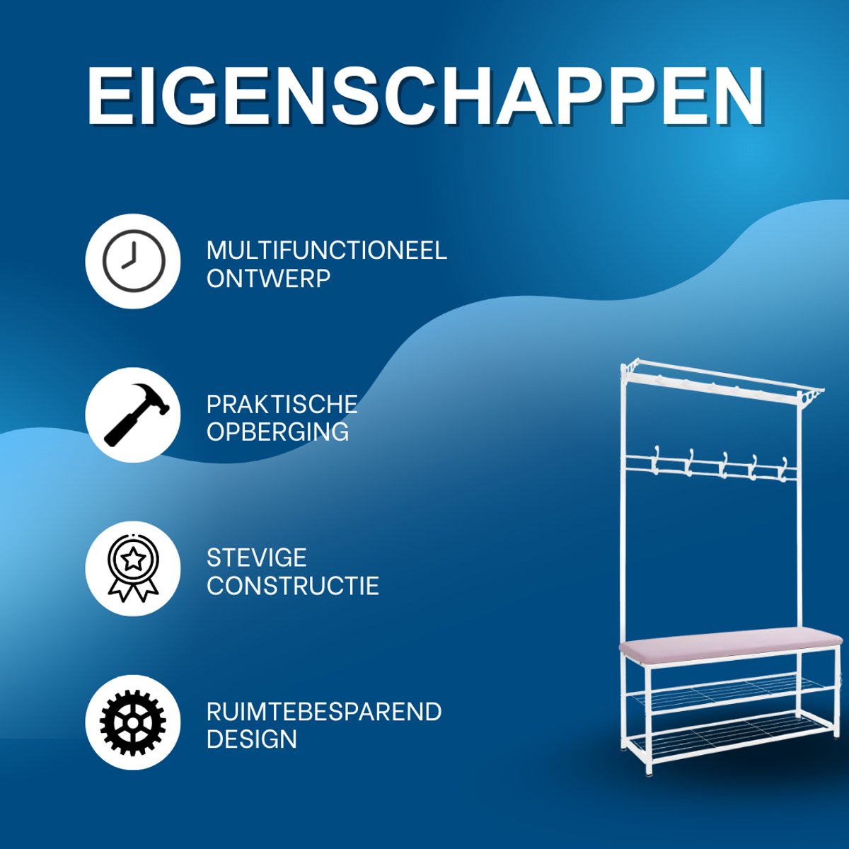 Kapstok met bank - Kledingrek - Schoenenrek - Voor kledingopslag en schoenen - Multifunctioneel - Met haken en bankje - Roze