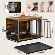Houten Hondenbenche - Hondenren - Hondenkrat Bijzettafel met Afneembare Kommen en Dienblad - Dubbele Deuren Hondenkennel voor Middelgrote Honden Binnen - 100 x 68 x 64 cm - Bruin