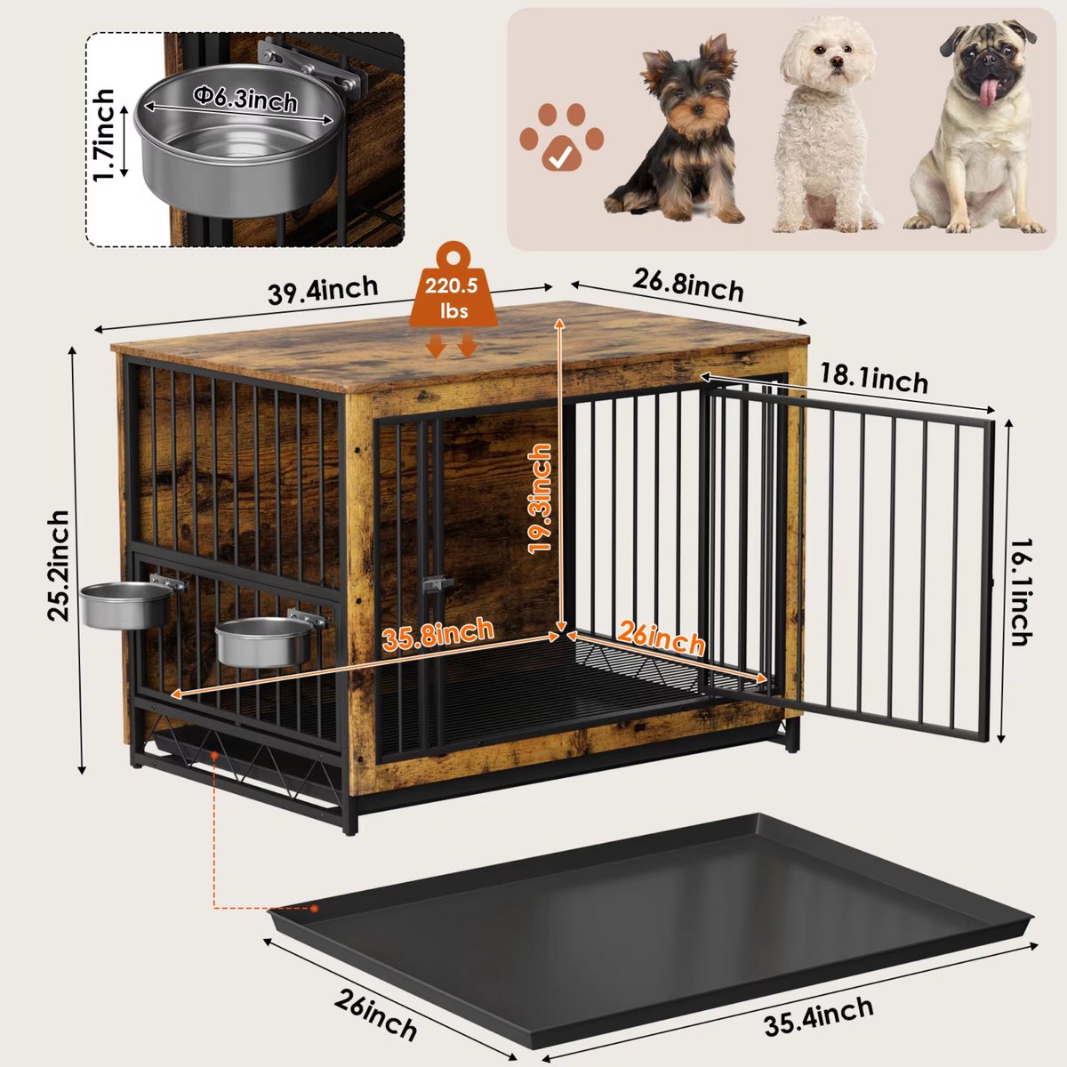 Houten Hondenbenche - Hondenren - Hondenkrat Bijzettafel met Afneembare Kommen en Dienblad - Dubbele Deuren Hondenkennel voor Middelgrote Honden Binnen - 100 x 68 x 64 cm - Bruin