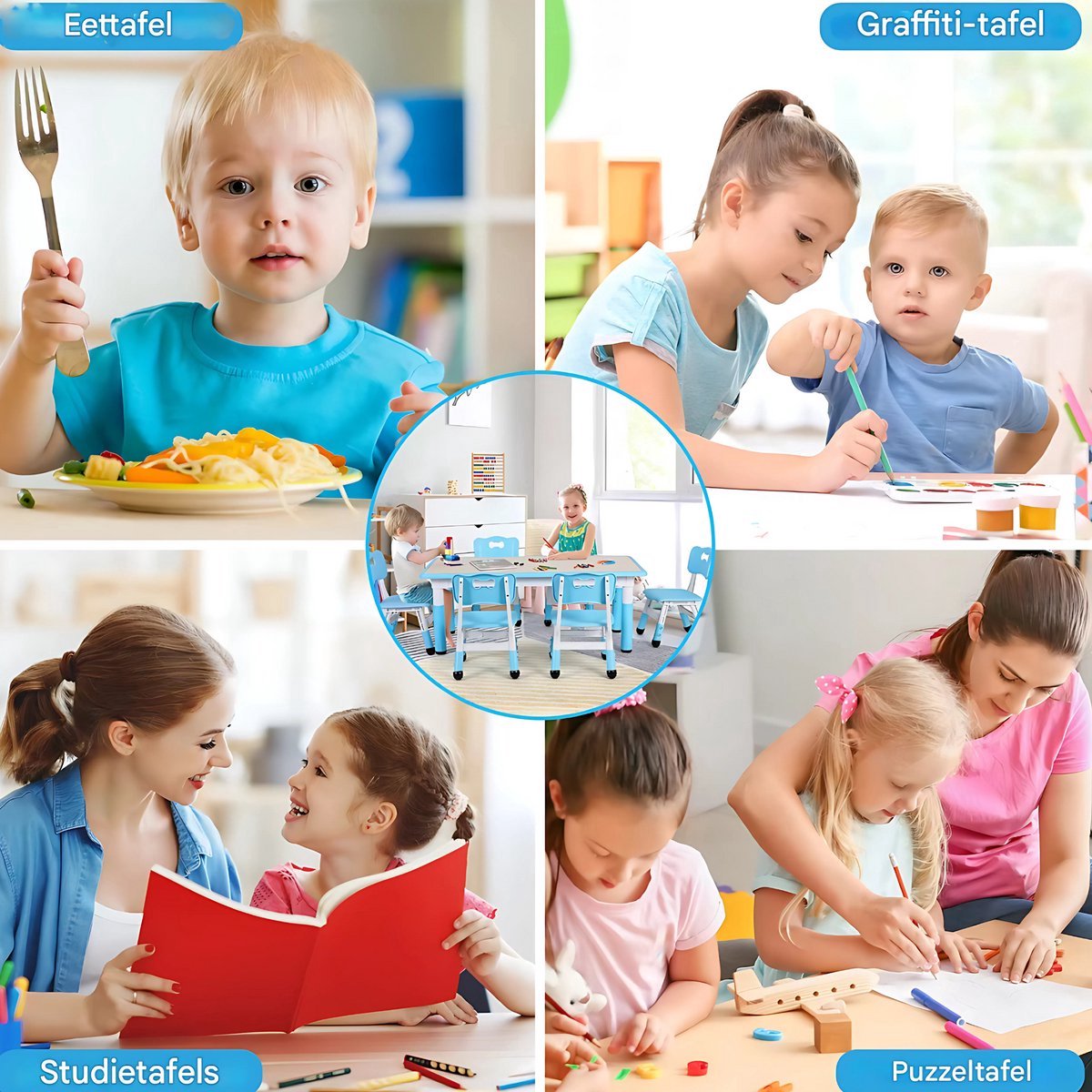 Kindertafel Valora en 4 Stoelenset - Voor Peuters en Kleuters - In Hoogte Verstelbaar - Multifunctioneel voor Studie, Schrijven & Spelen - Duurzaam Kunststof - Geel - 120x60cm