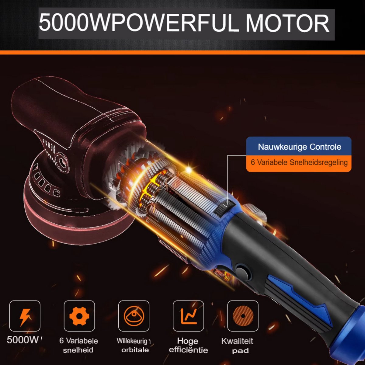 Polijstmachine Vireo - 5000 W - Dual-action excentrische autobuffer - 6 snelheden - Autodetaillering - 120mm