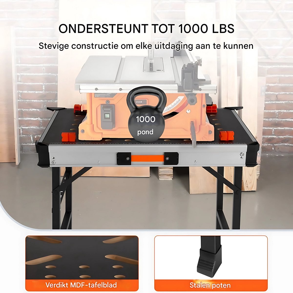 Werktafel en opspantafel - MDF werkbank - Inklapbaar Werkbank - Gereedschap - 454kg - 84,5x60x73,5cm