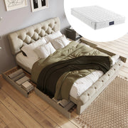 Bed - Tweepersoonsbedden - Tweepersoonsbed - Twijfelaar - Voor Slaapkamer - Functioneel Tweepersoonsbed met Chesterfield Hoofdeinde & 4 Laden - Inclusief Matras - 140x200cm