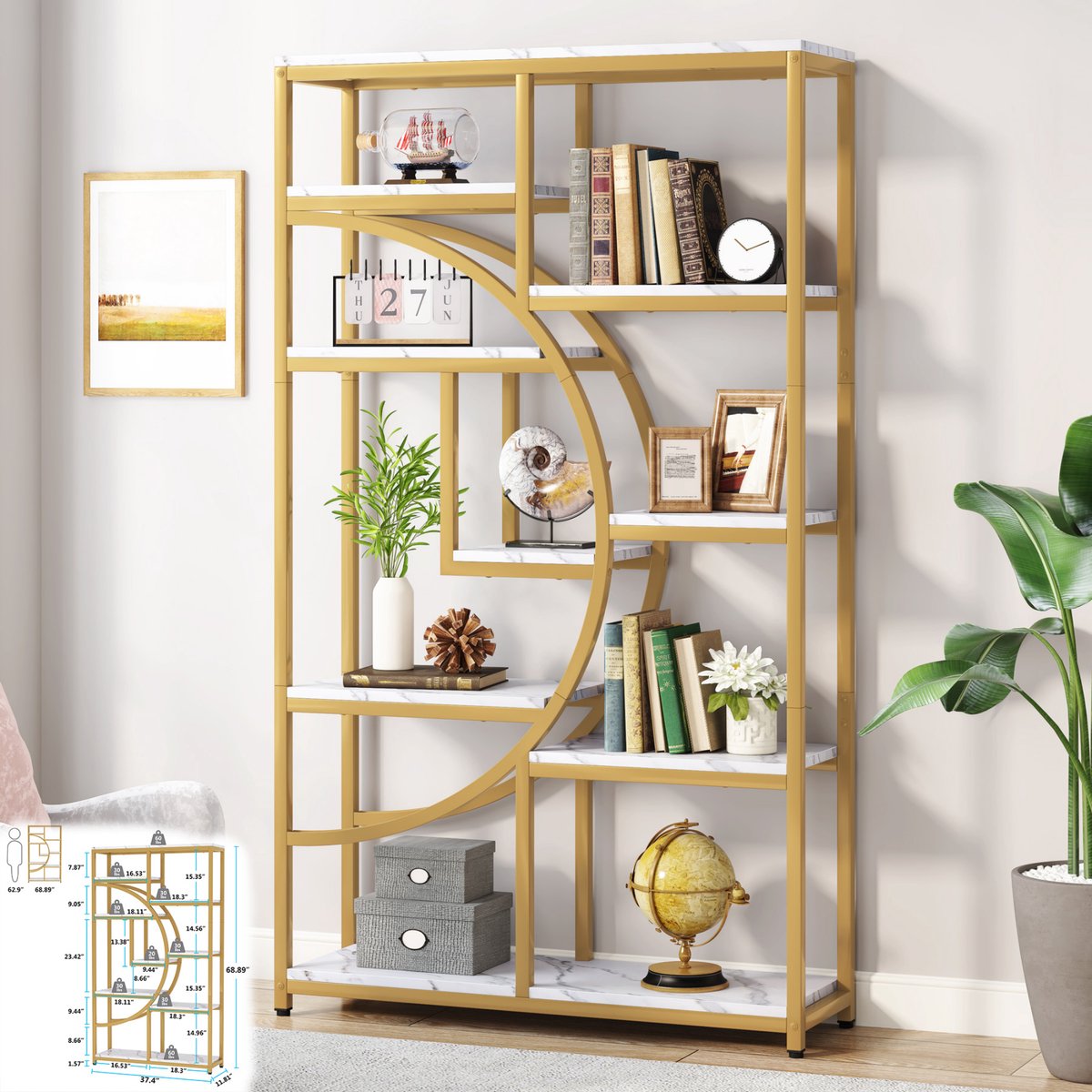Boekenkast Berlin - Goud - Met 5 Lagen - Marmerlook - Voor Woonkamer, Slaapkamer of Kantoor