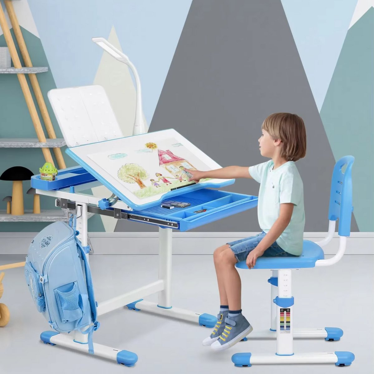 Kinderbureau set met in hoogte verstelbare student bureaustoel - Uittrekbare lade voor kinderen, geschikt voor 3-10 jaar studie - Blauw - 66,5 x 50 x 54–76,5 cm