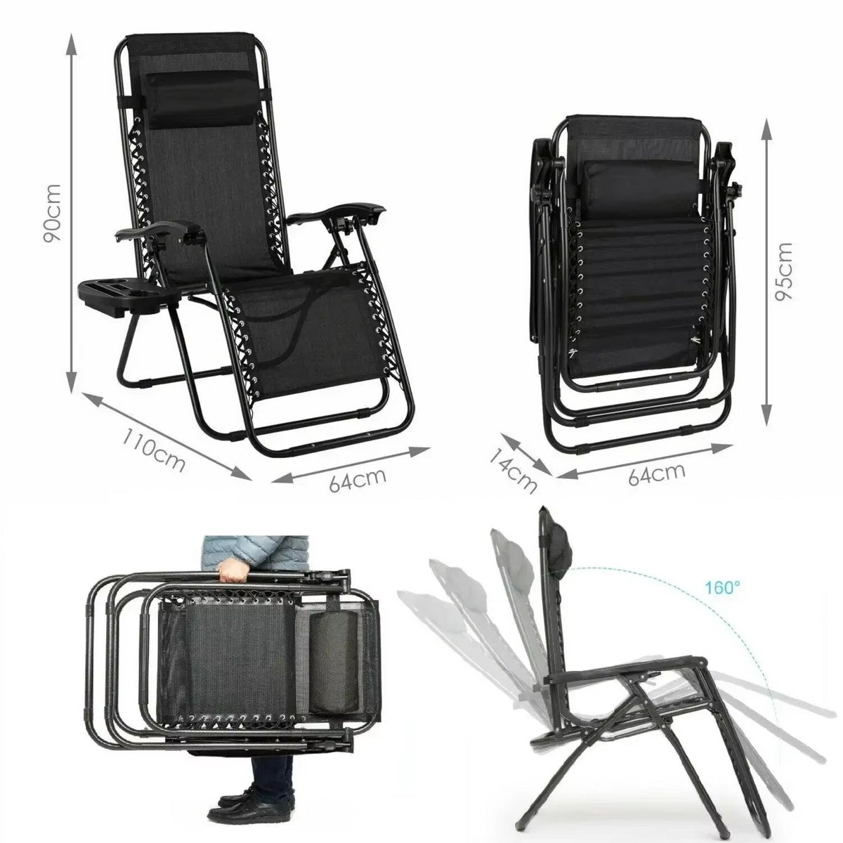 Opvouwbare stoel verstelbare stalen gaas - Zero Gravity lounge stoel - Fauteuils met kussens en bekerhouder - Zwart - 2 Stuks