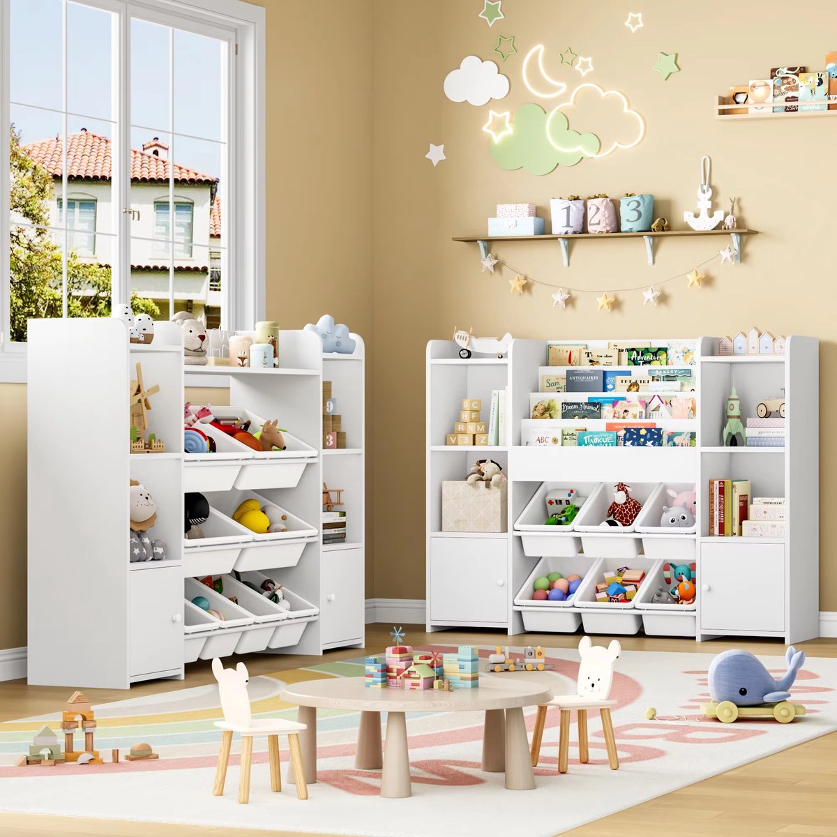 Speelgoedopbergkast – Kinderspeelkamer - Kinderboekenkast – Voor kinderen in kinderkamer of speelkamer – 6 verwijderbare dozen en 4-laags boekenplank – Roze