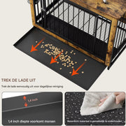 Houten Hondenbenche - Hondenren - Hondenkrat Bijzettafel met Afneembare Kommen en Dienblad - Dubbele Deuren Hondenkennel voor Middelgrote Honden Binnen - 100 x 68 x 64 cm - Bruin