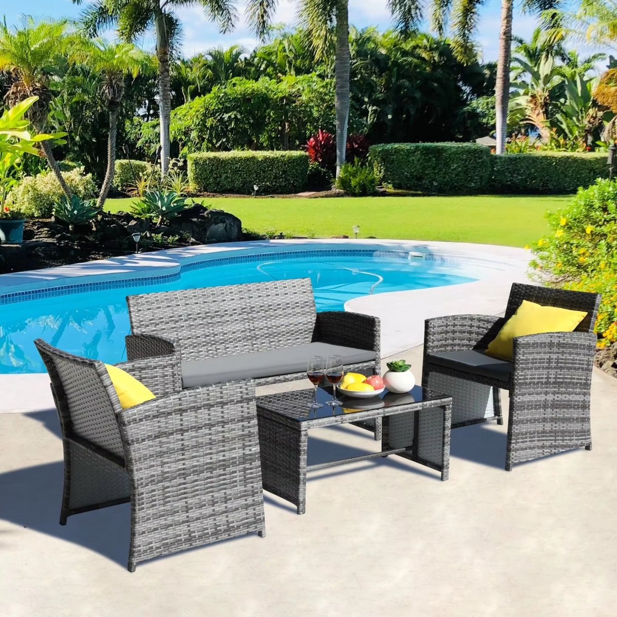Tuinmeubelset - Buitentafel en Stoelen - 4-delige - 3-zits Bank met 1 Glazen Tafel - Terrasmeubilairset voor Buiten & Tuin