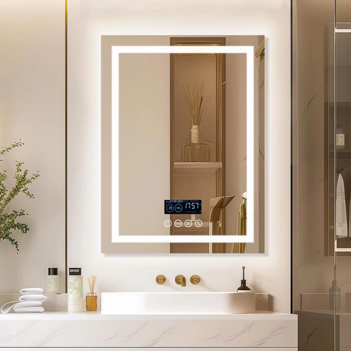 Muziek Badkamerspiegel - Met bluetooth en verlichting - 70x90cm - Voor Badkamer, Make-up & Wandmontage - Dimbaar licht - Vierkant