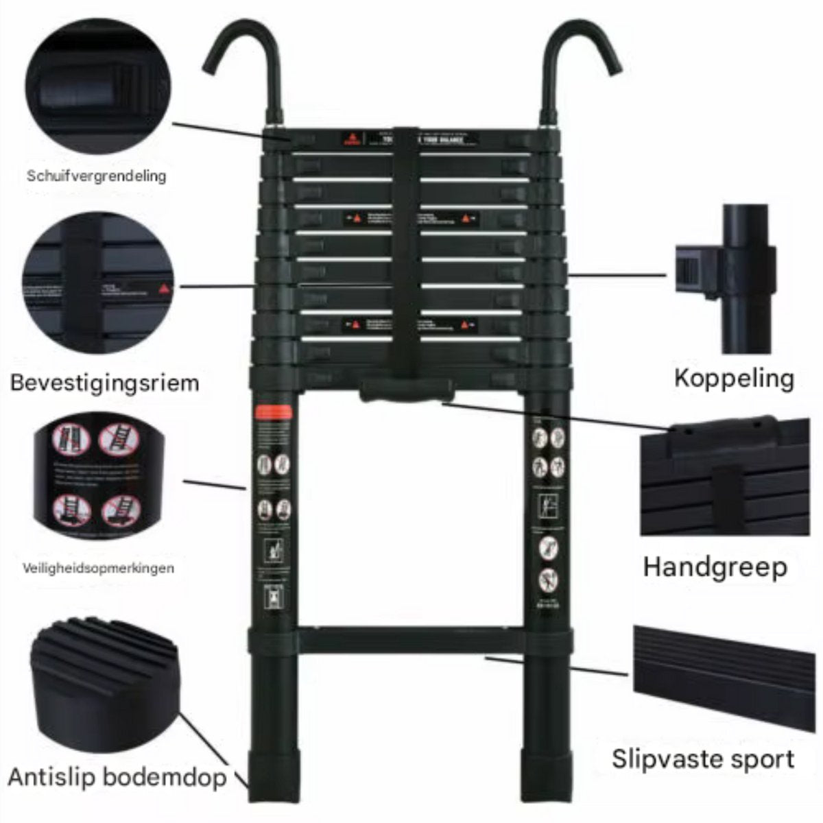 Telescopische Ladder Deluxe - 3,2m Aluminium - Multifunctionele Rechte Ladder met Antislipvoeten en 2 Haken - 150kg Capaciteit