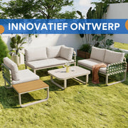 Tuinmeubelset - Loungeset - Tuinlounge Lounge Set - 4-5 Zits Lounge Set - Groen Leder & Rotan - Met Comfortabele Kussens voor Buiten